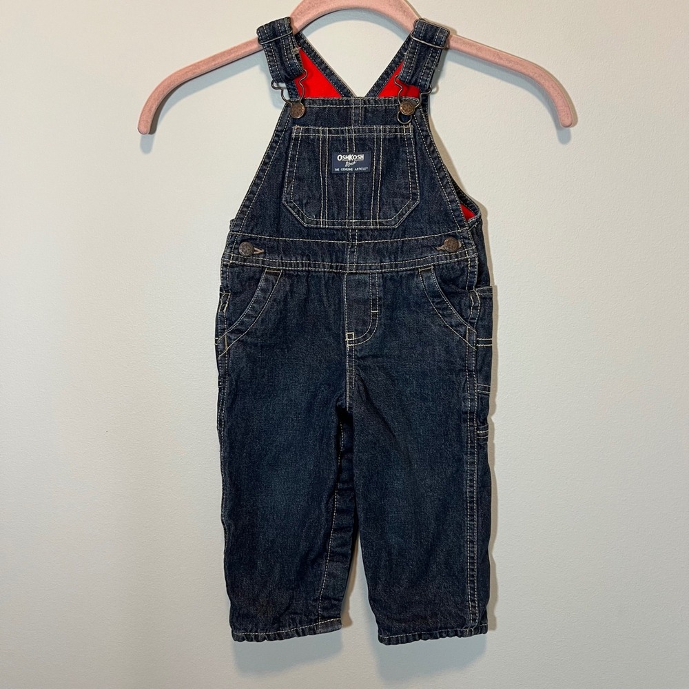 OshKosh B'gosh‎ Kids 12M Dark Wash Denim Fleece Lined Overalls Red Lining